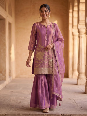 Peachmode Purple Silk Blend Floral Embroidered Sharara Suit - Image 2