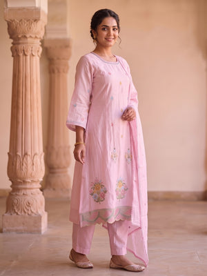 Peachmode Baby Pink Chanderi Silk Floral Embroidered Salwar Suit Set - Image 2
