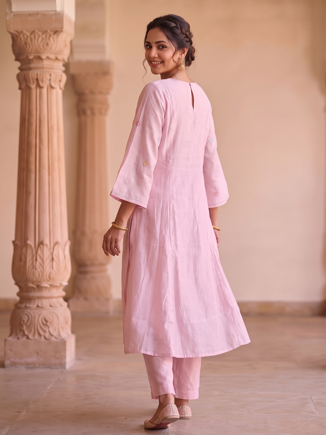 Peachmode Baby Pink Chanderi Silk Floral Embroidered Salwar Suit Set - Image 3