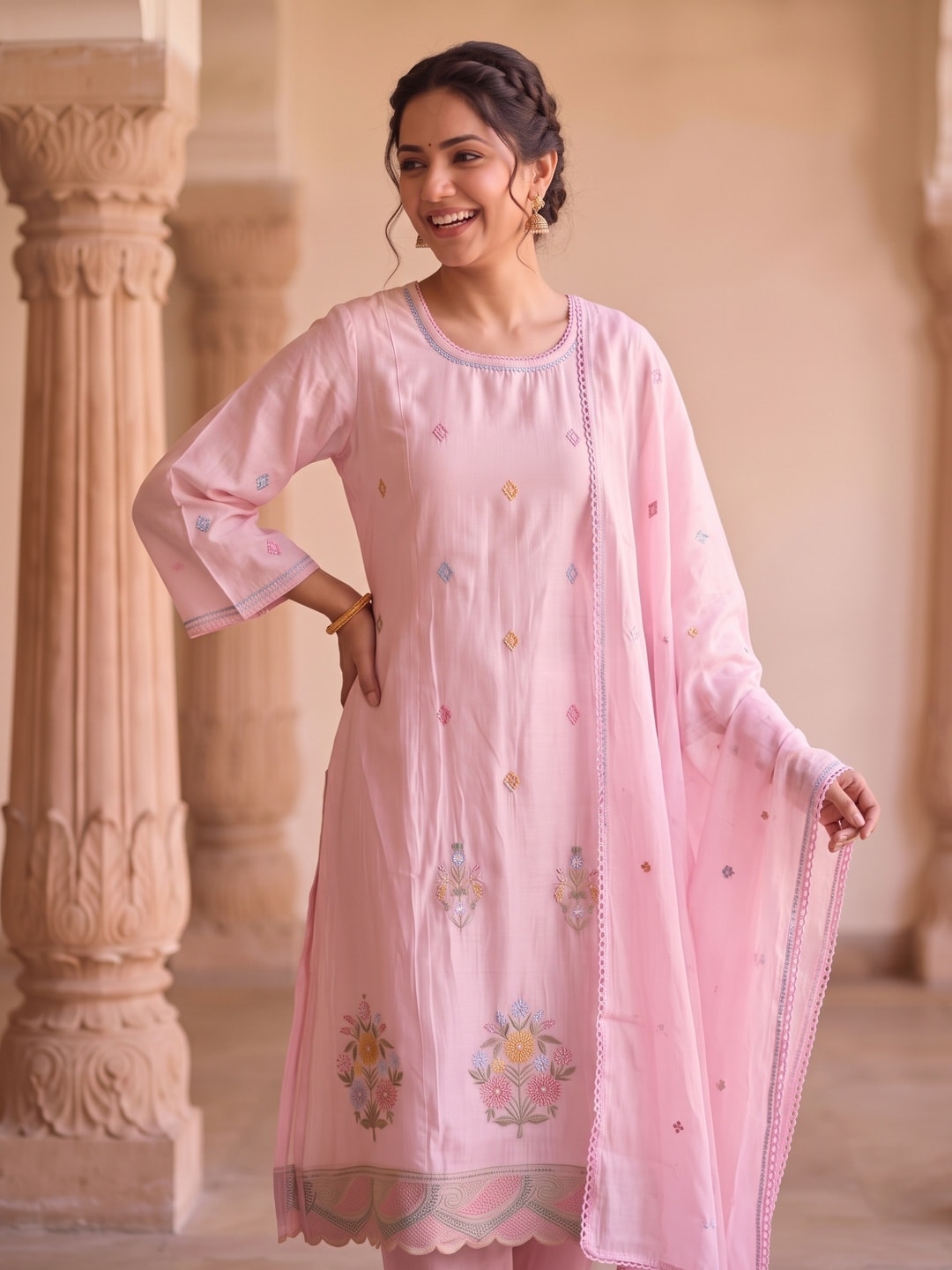 Peachmode Baby Pink Chanderi Silk Floral Embroidered Salwar Suit Set - Image 4