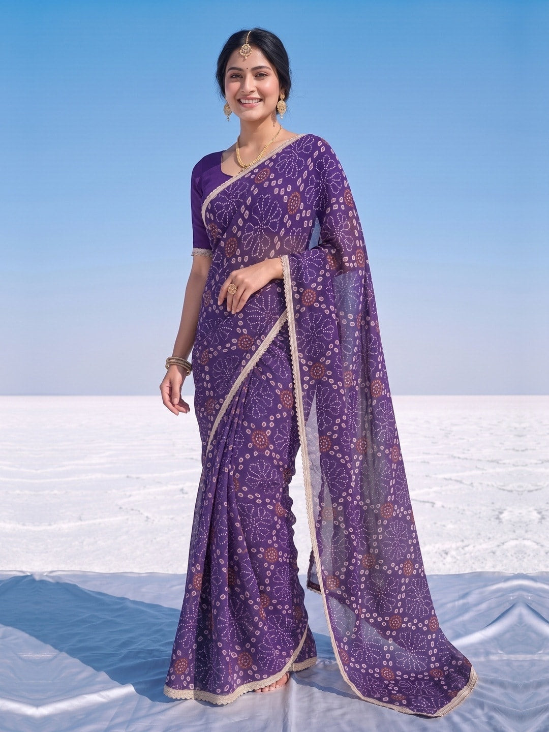 Peachmode Purple Bandhani Print Georgette Saree With Lace Border - Image 1
