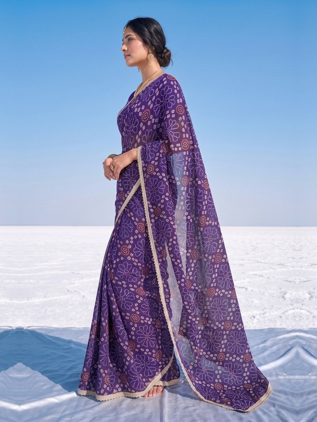 Peachmode Purple Bandhani Print Georgette Saree With Lace Border - Image 5