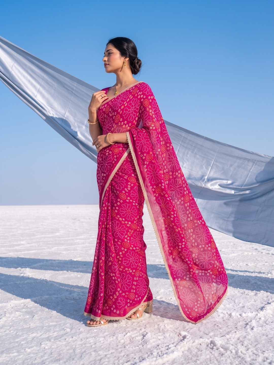 Peachmode Pink Bandhani Print Georgette Saree With Lace Border - Image 2