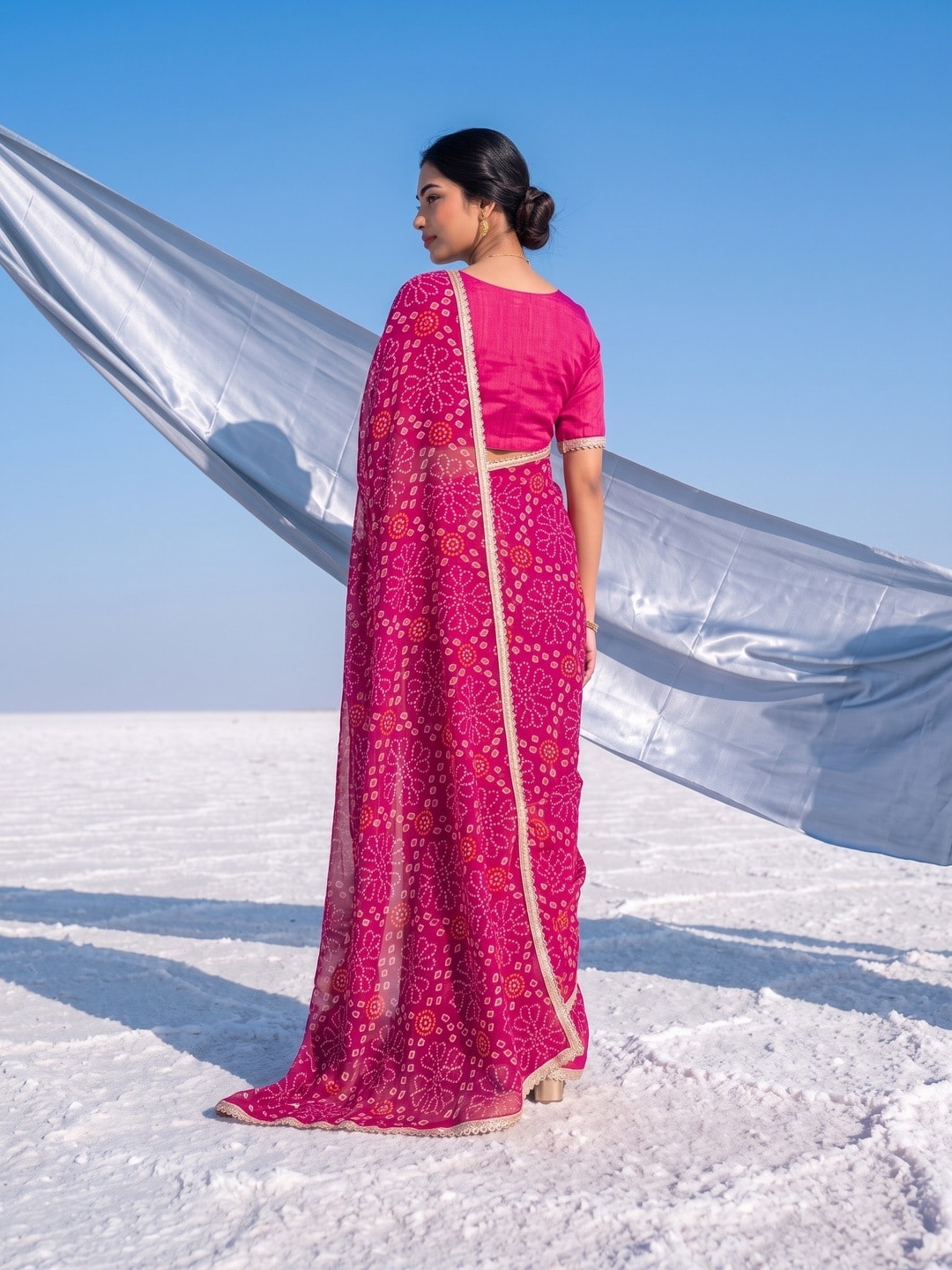 Peachmode Pink Bandhani Print Georgette Saree With Lace Border - Image 3
