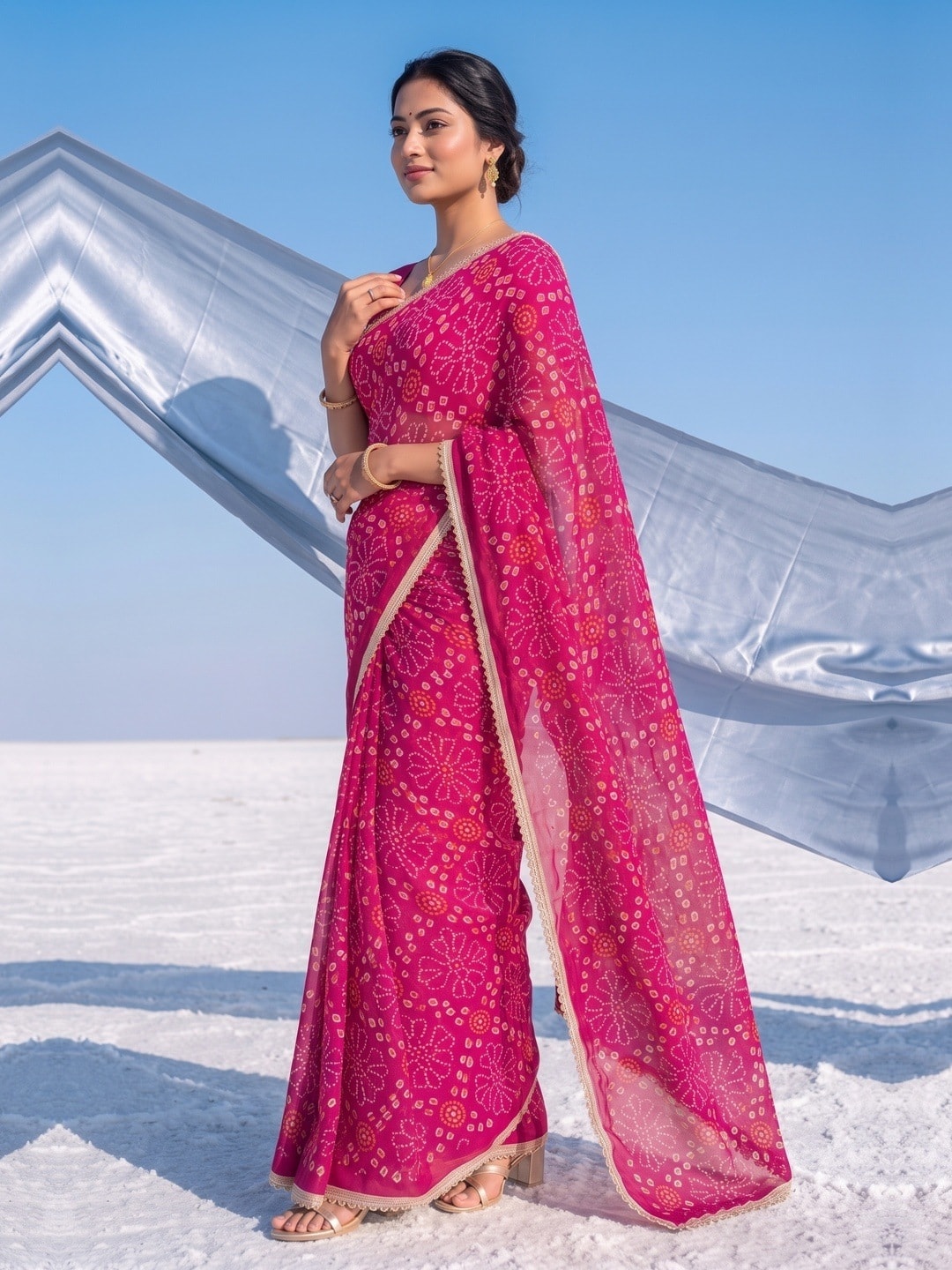Peachmode Pink Bandhani Print Georgette Saree With Lace Border - Image 5