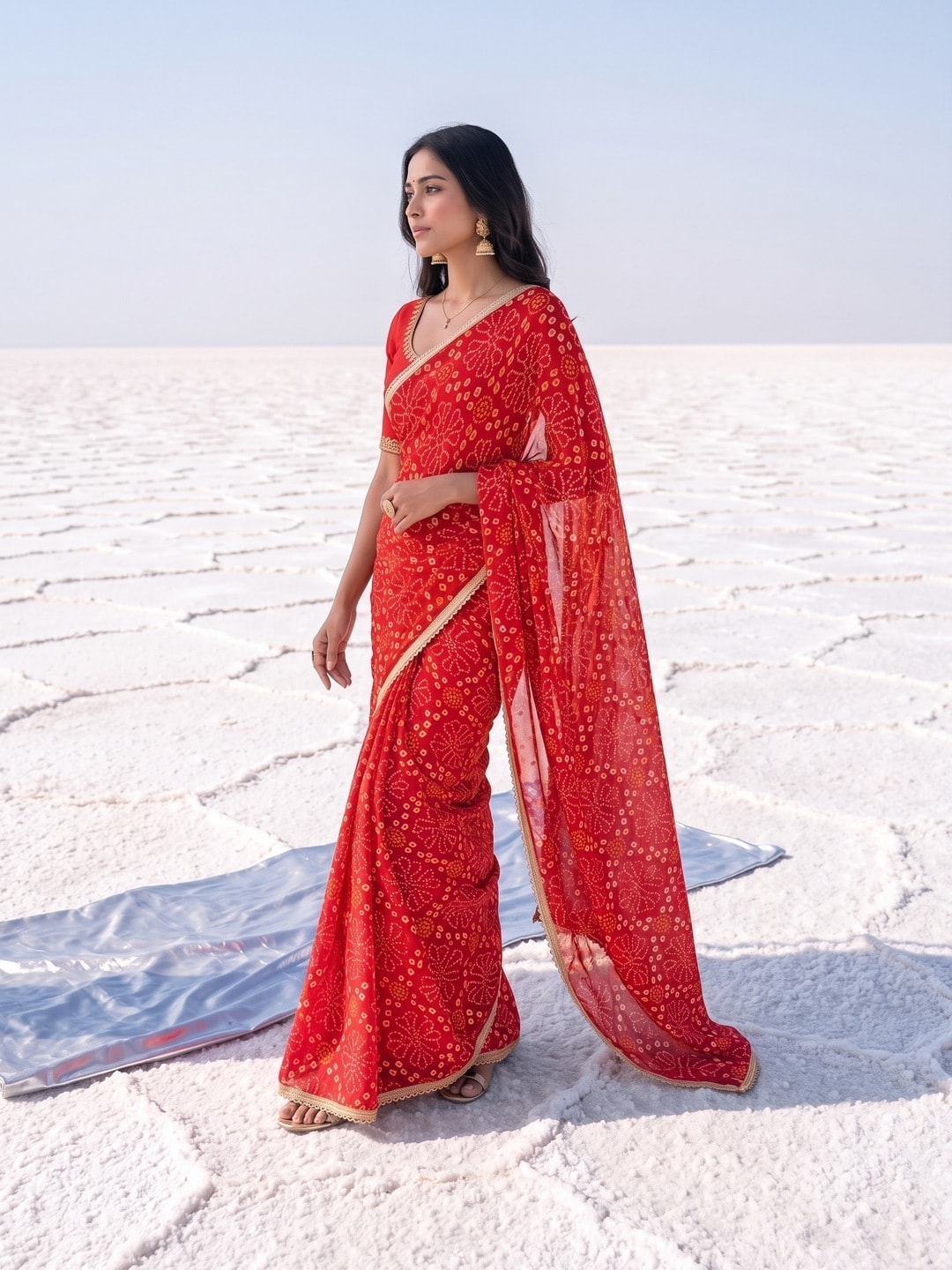 Peachmode Red Bandhani Print Georgette Saree With Lace Border - Image 2