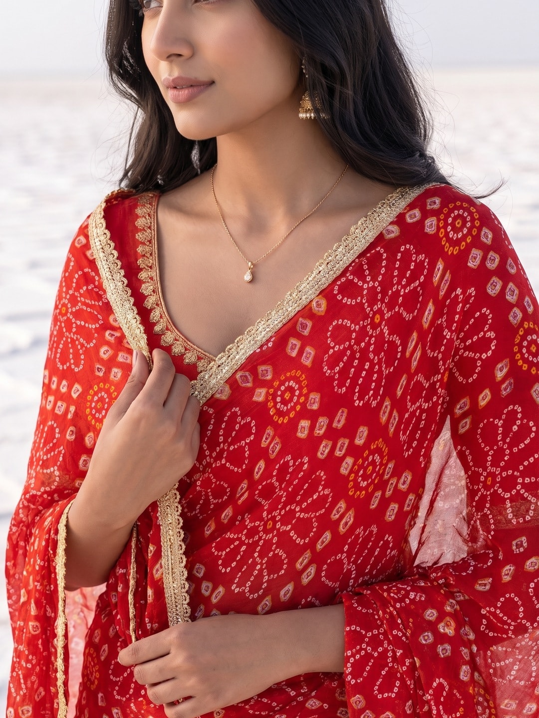 Peachmode Red Bandhani Print Georgette Saree With Lace Border - Image 4