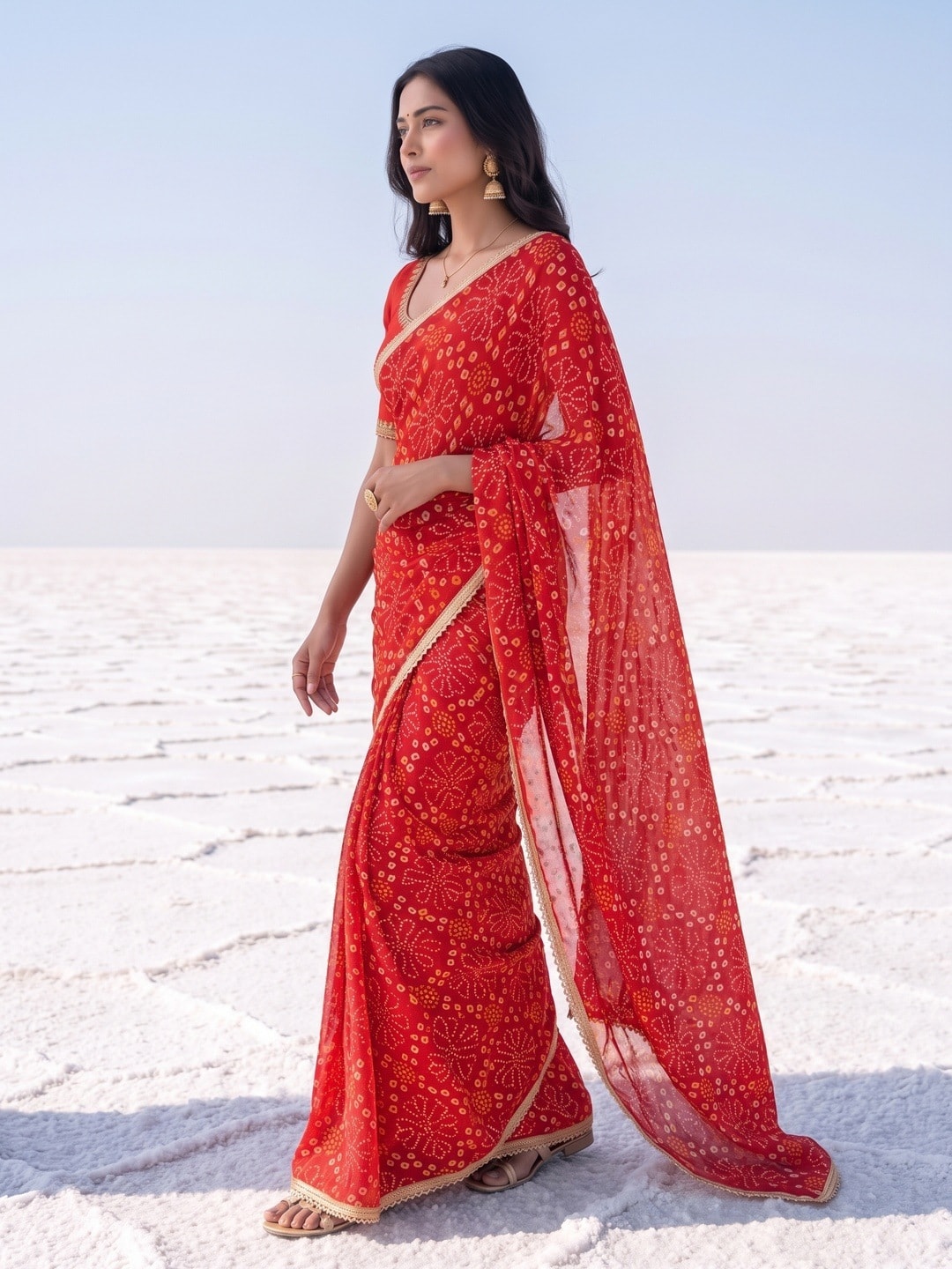 Peachmode Red Bandhani Print Georgette Saree With Lace Border - Image 5