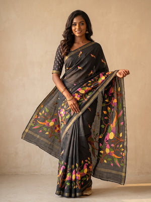 Peachmode Black Parrot Digital Print Mul Cotton Saree - Image 1