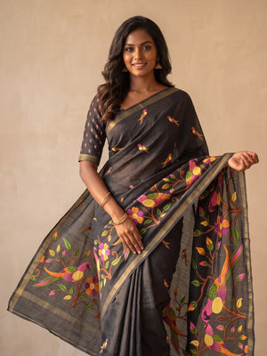 Peachmode Black Parrot Digital Print Mul Cotton Saree - Image 2