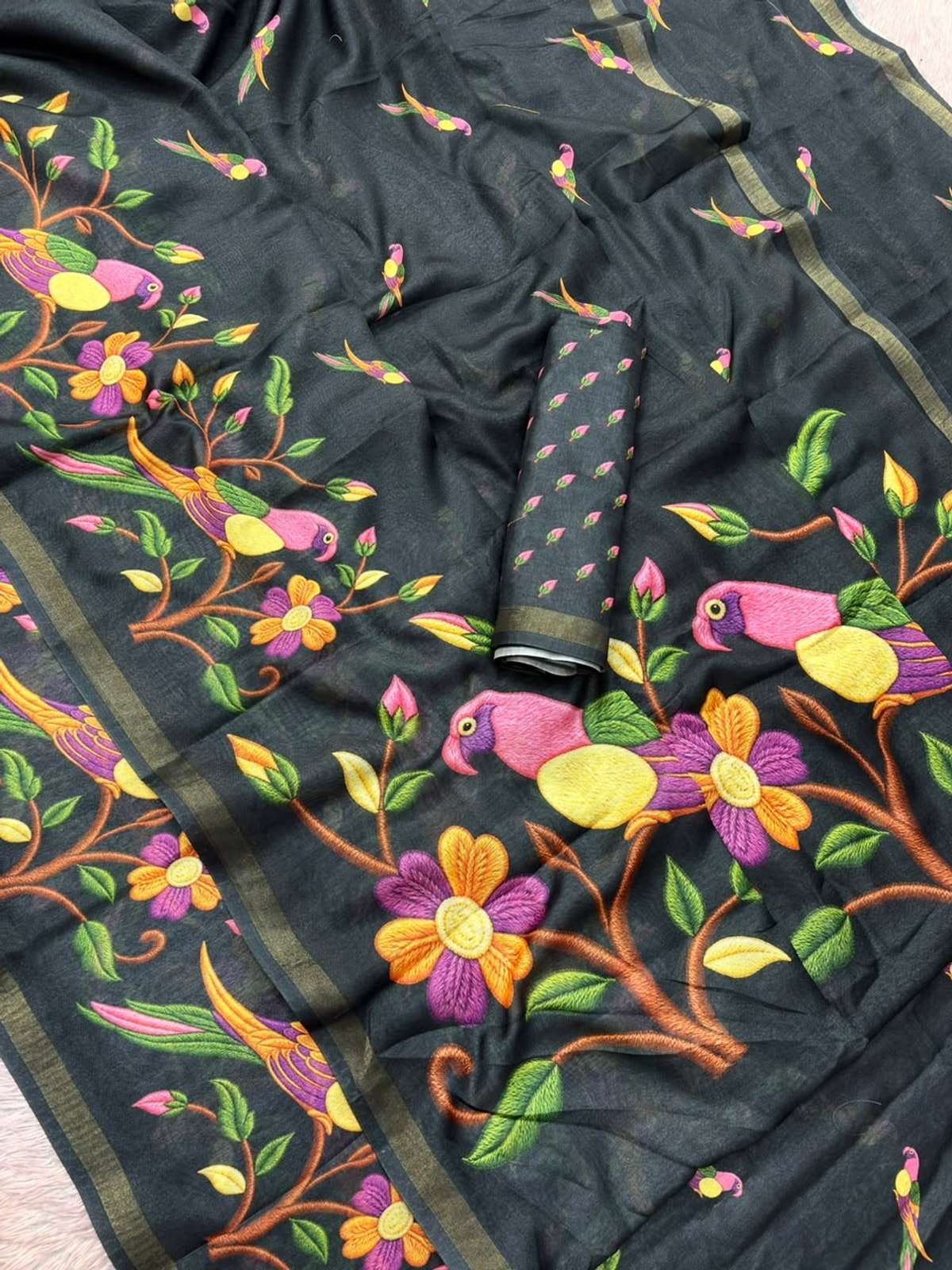 Peachmode Black Parrot Digital Print Mul Cotton Saree - Image 5