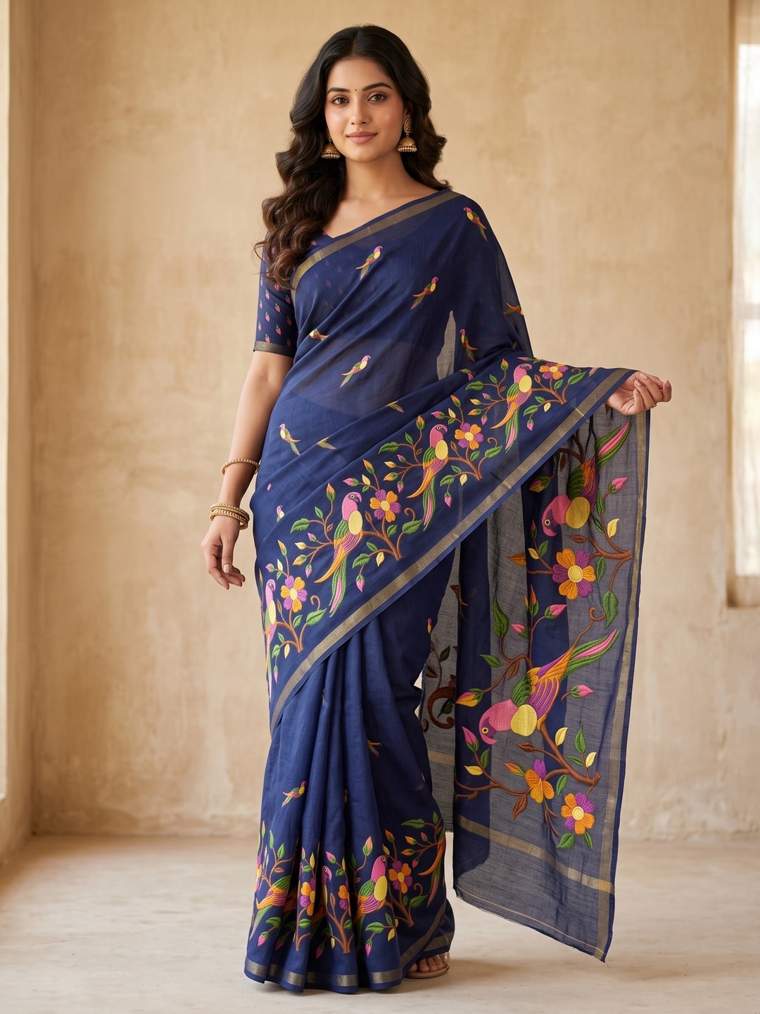 Peachmode Navy Blue Parrot Digital Print Mul Cotton Saree - Image 1