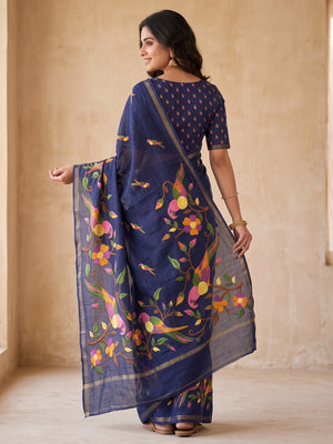 Peachmode Navy Blue Parrot Digital Print Mul Cotton Saree - Image 2