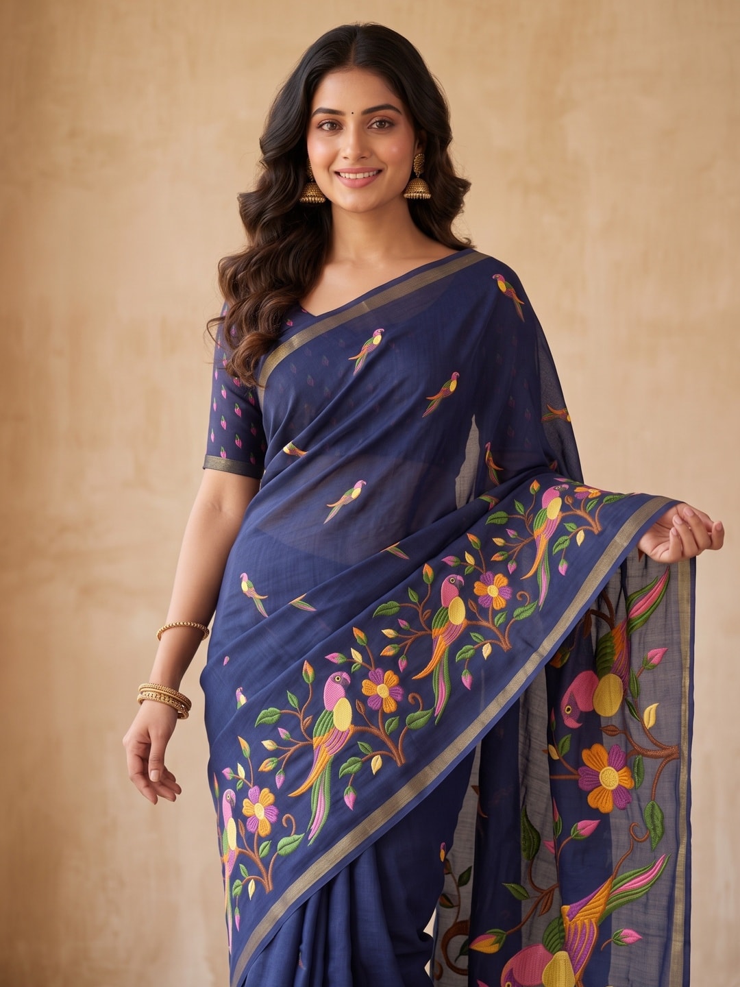 Peachmode Navy Blue Parrot Digital Print Mul Cotton Saree - Image 3