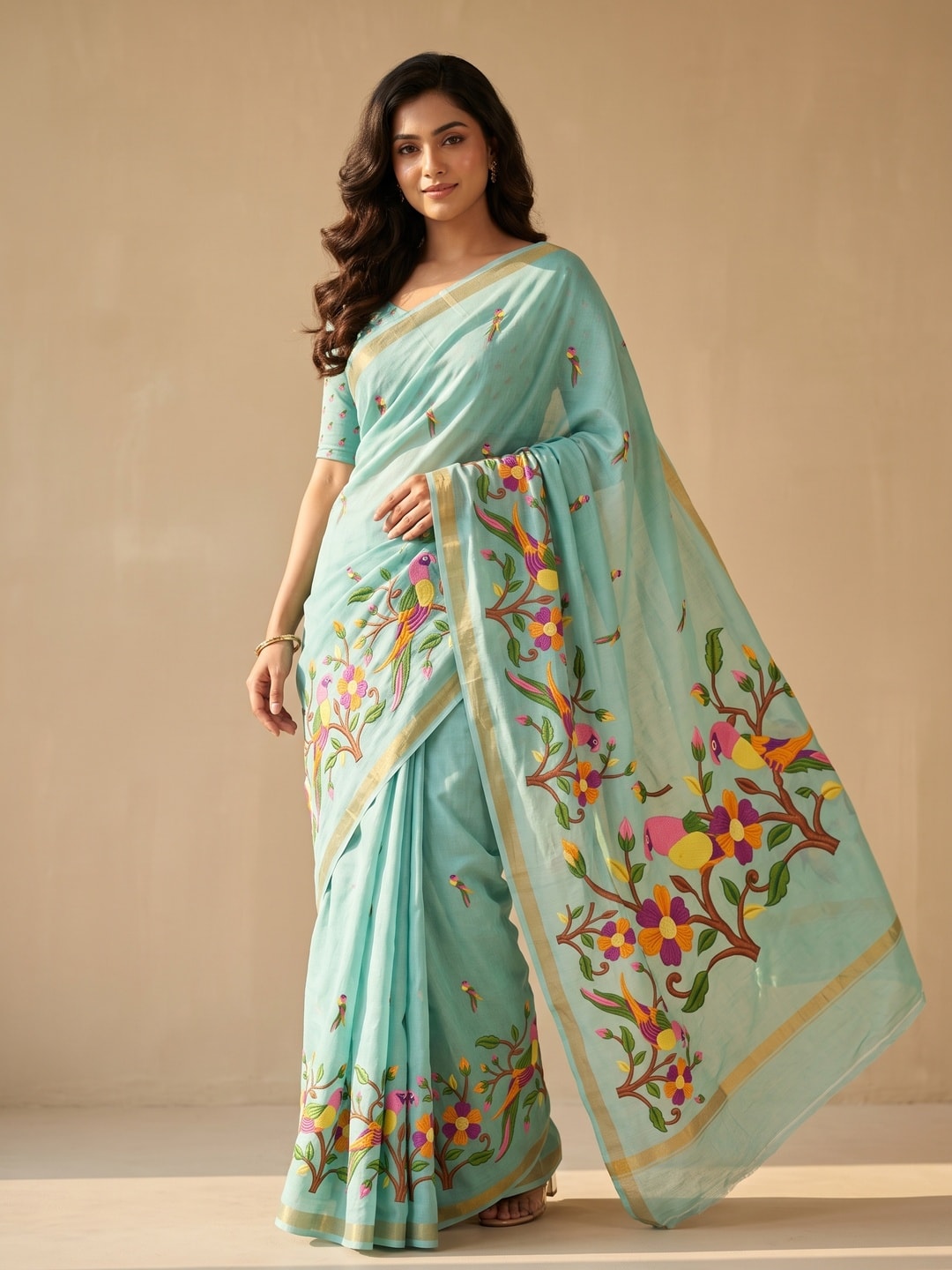 Peachmode Turquoise Parrot Digital Print Mul Cotton Saree - Image 1
