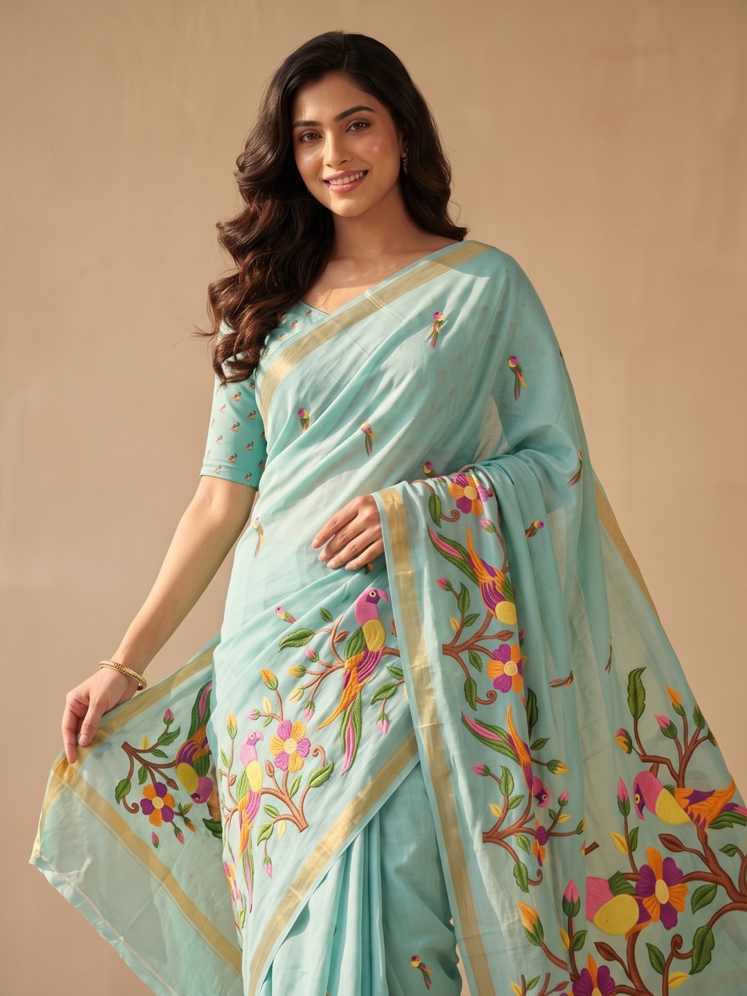 Peachmode Turquoise Parrot Digital Print Mul Cotton Saree - Image 2
