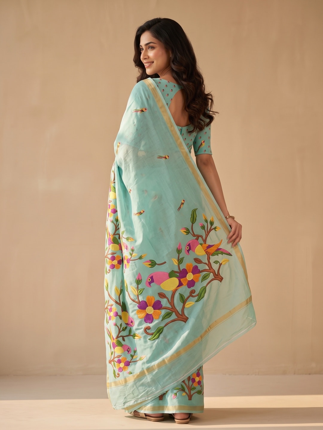Peachmode Turquoise Parrot Digital Print Mul Cotton Saree - Image 3