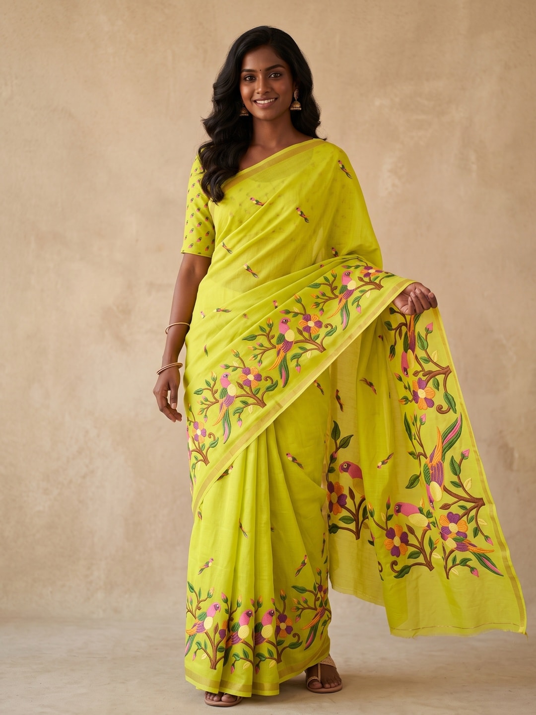 Peachmode Lime Green Parrot Digital Print Mul Cotton Saree - Image 1