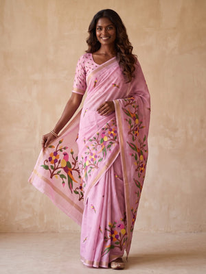 Peachmode Pink Parrot Digital Print Mul Cotton Saree - Image 1