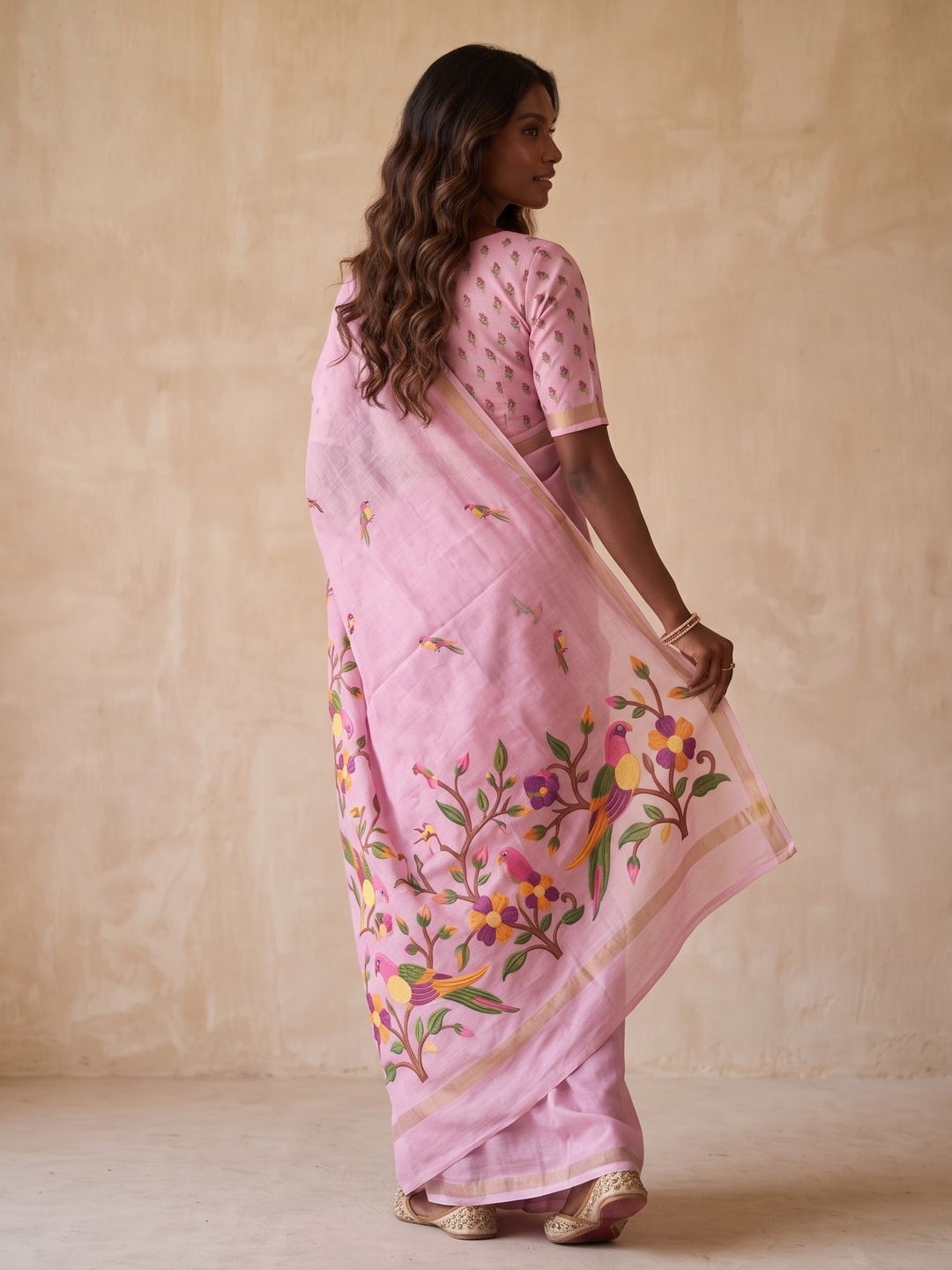 Peachmode Pink Parrot Digital Print Mul Cotton Saree - Image 2