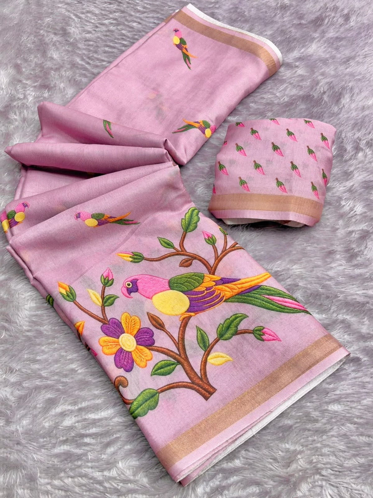 Peachmode Pink Parrot Digital Print Mul Cotton Saree - Image 4