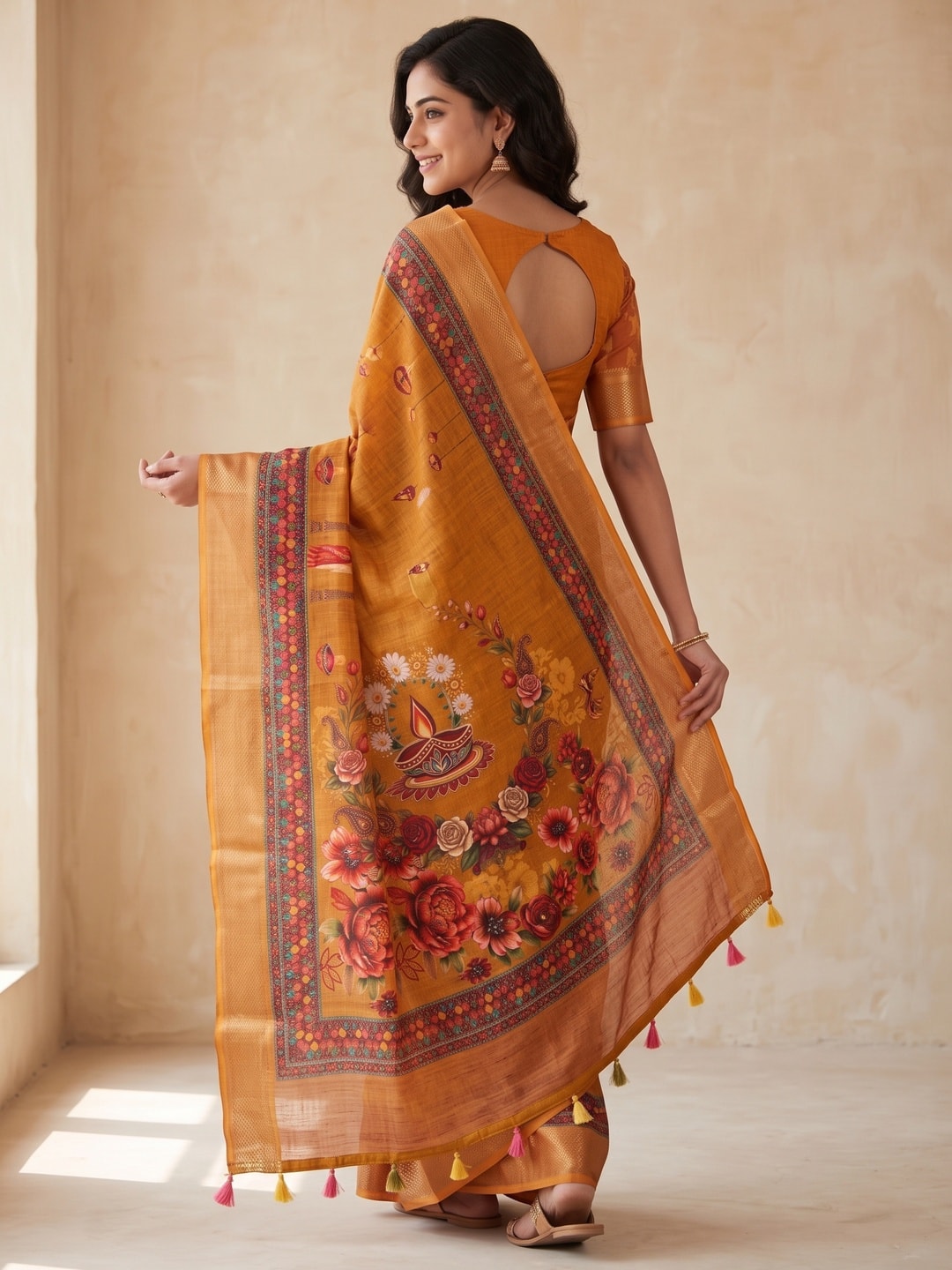 Peachmode Mustard Digital Kalamkari Diwali Print Linen Saree - Image 2