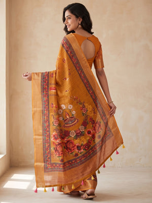 Peachmode Mustard Digital Kalamkari Diwali Print Linen Saree - Image 2