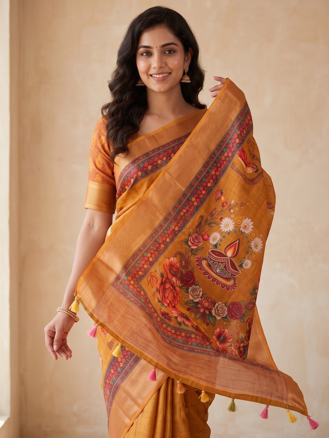 Peachmode Mustard Digital Kalamkari Diwali Print Linen Saree - Image 3