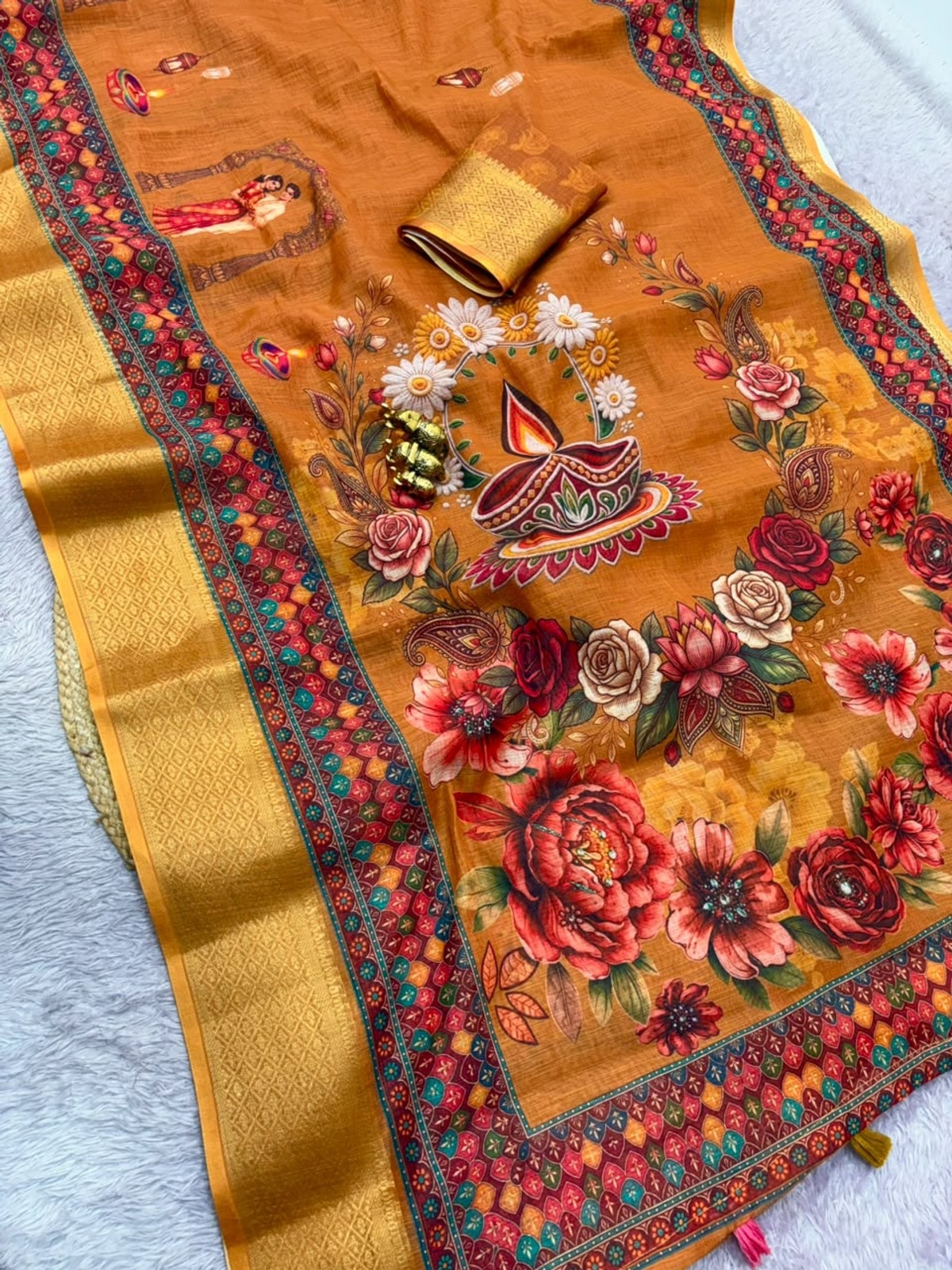 Peachmode Mustard Digital Kalamkari Diwali Print Linen Saree - Image 4