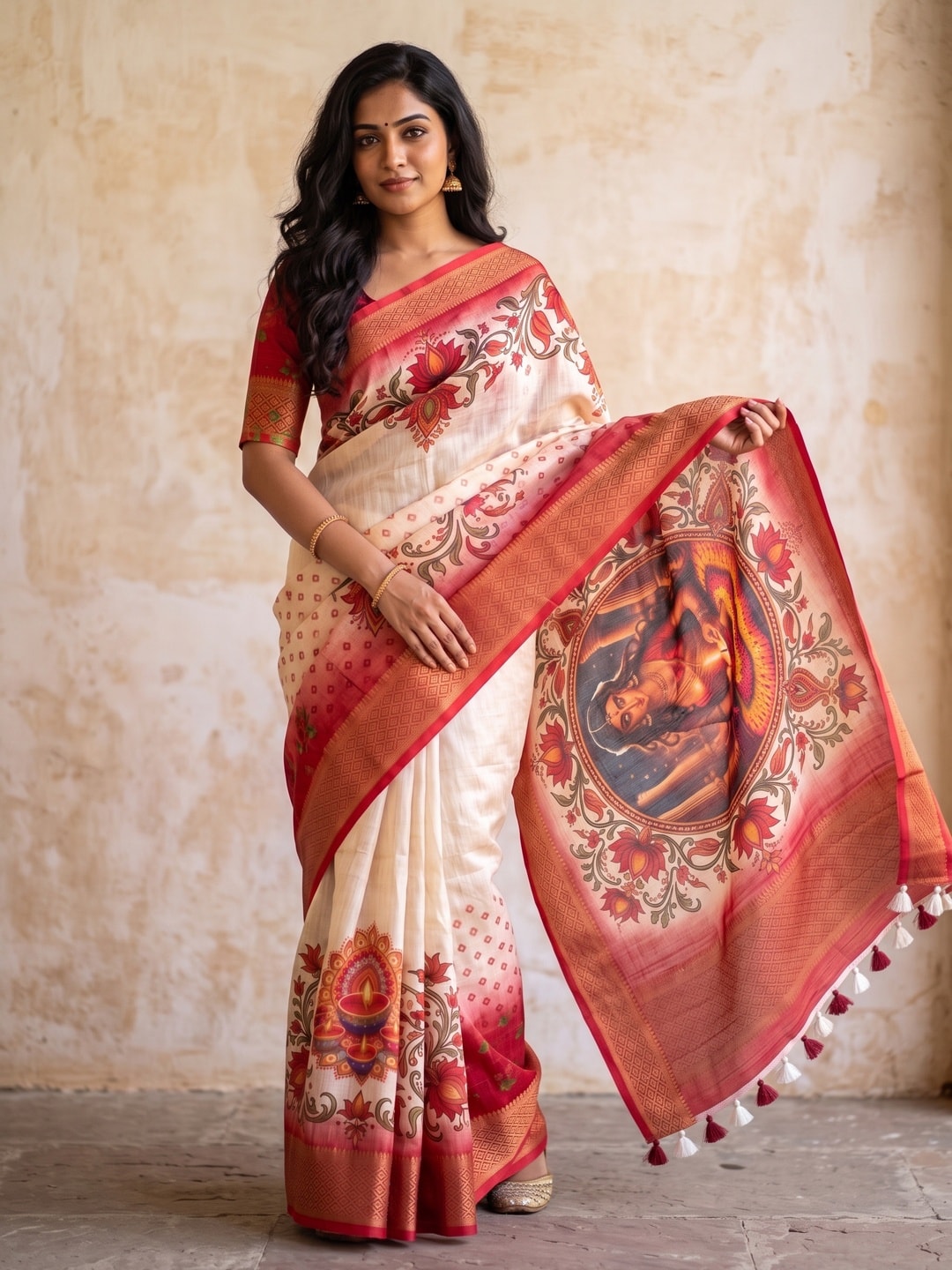 Peachmode Off White Digital Kalamkari Diwali Print Linen Saree - Image 1