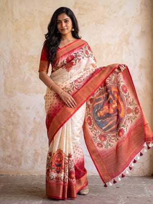 Peachmode Off White Digital Kalamkari Diwali Print Linen Saree - Image 1