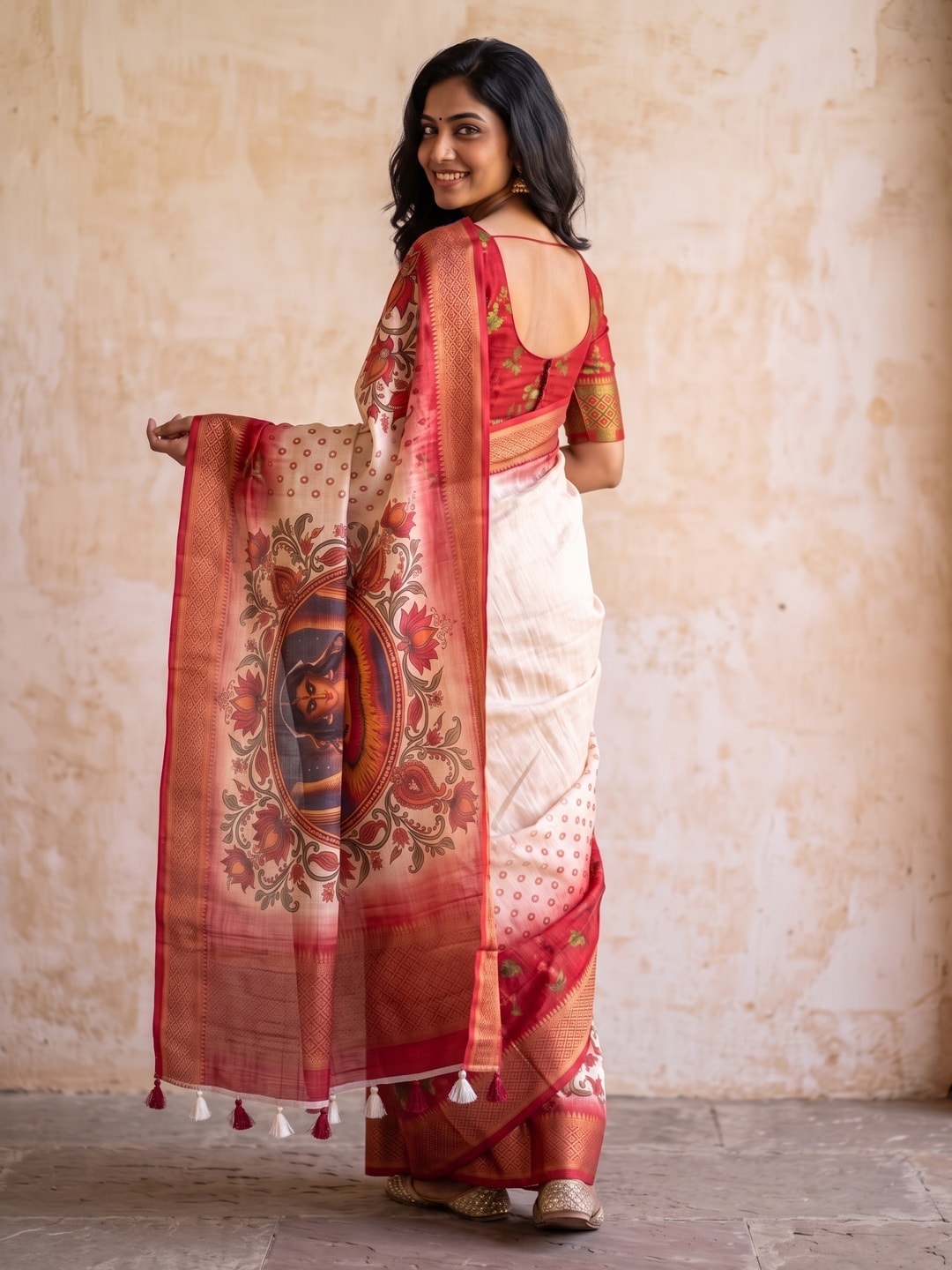 Peachmode Off White Digital Kalamkari Diwali Print Linen Saree - Image 2
