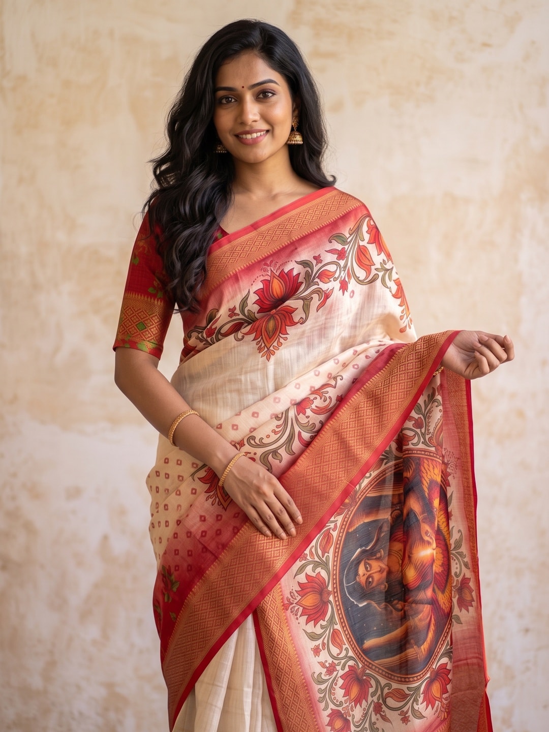 Peachmode Off White Digital Kalamkari Diwali Print Linen Saree - Image 3