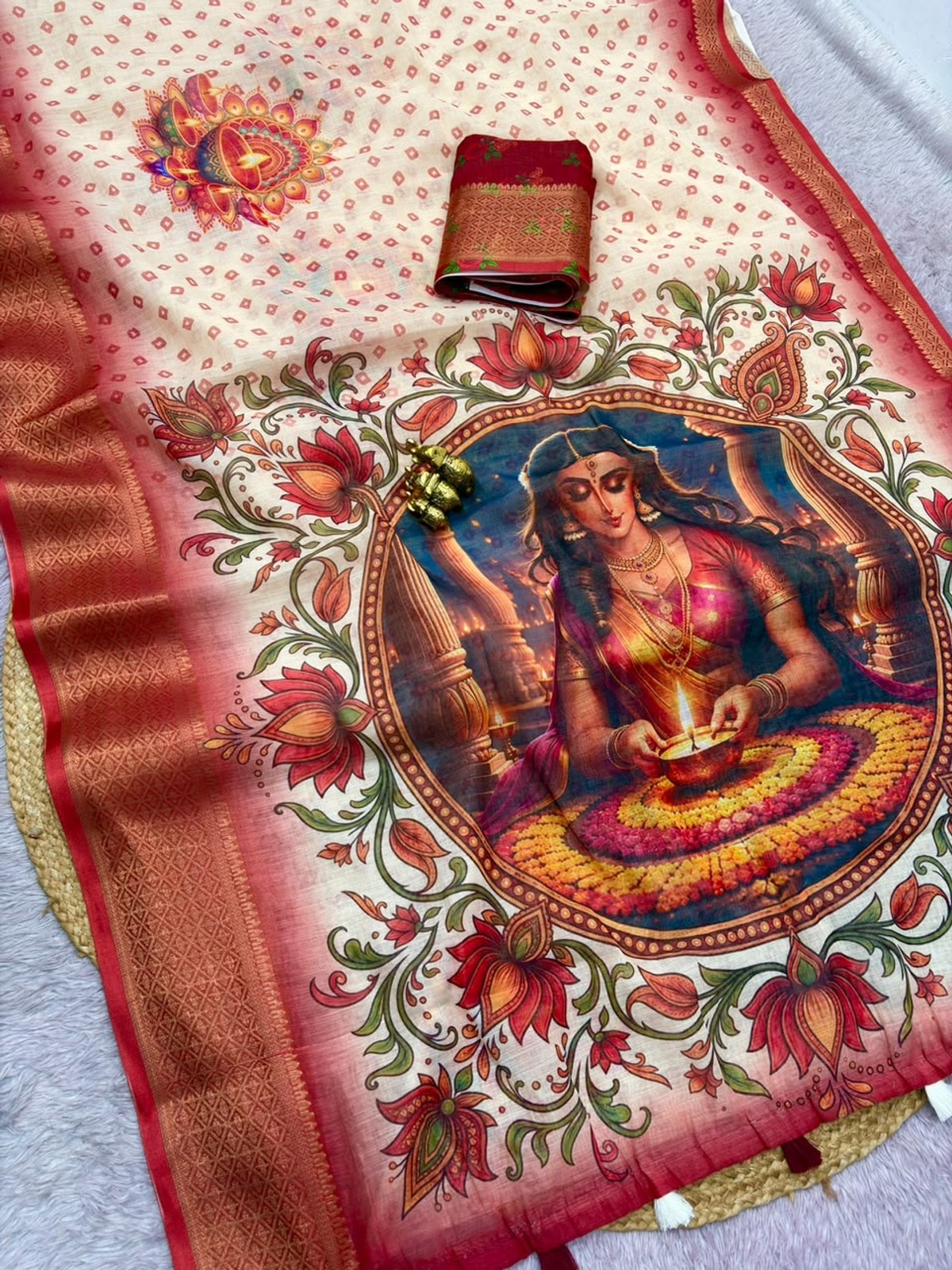Peachmode Off White Digital Kalamkari Diwali Print Linen Saree - Image 5