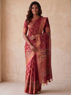 Peachmode Maroon Digital Kalamkari Diwali Print Linen Saree - Image 1