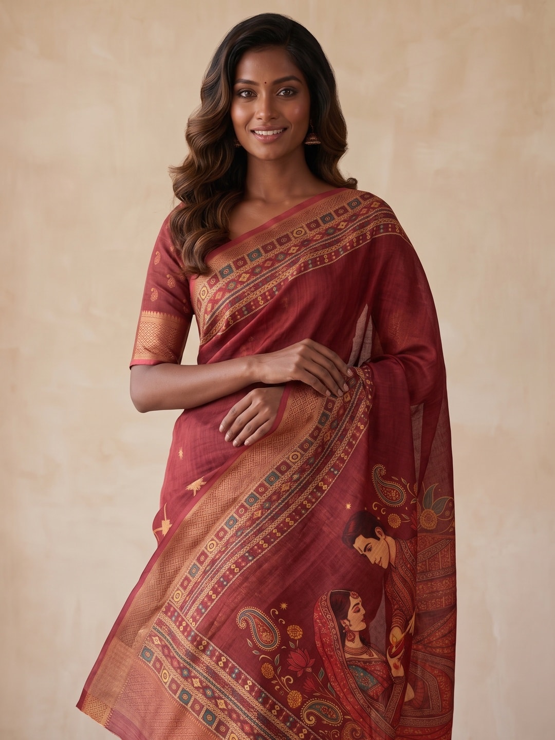 Peachmode Maroon Digital Kalamkari Diwali Print Linen Saree - Image 3