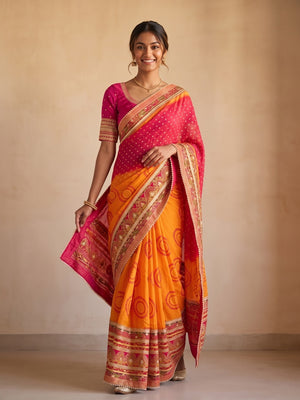 Peachmode Orange Bandhej Print Gota Patti Chiffon Saree - Image 1