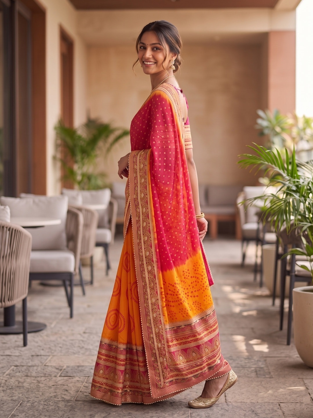 Peachmode Orange Bandhej Print Gota Patti Chiffon Saree - Image 2