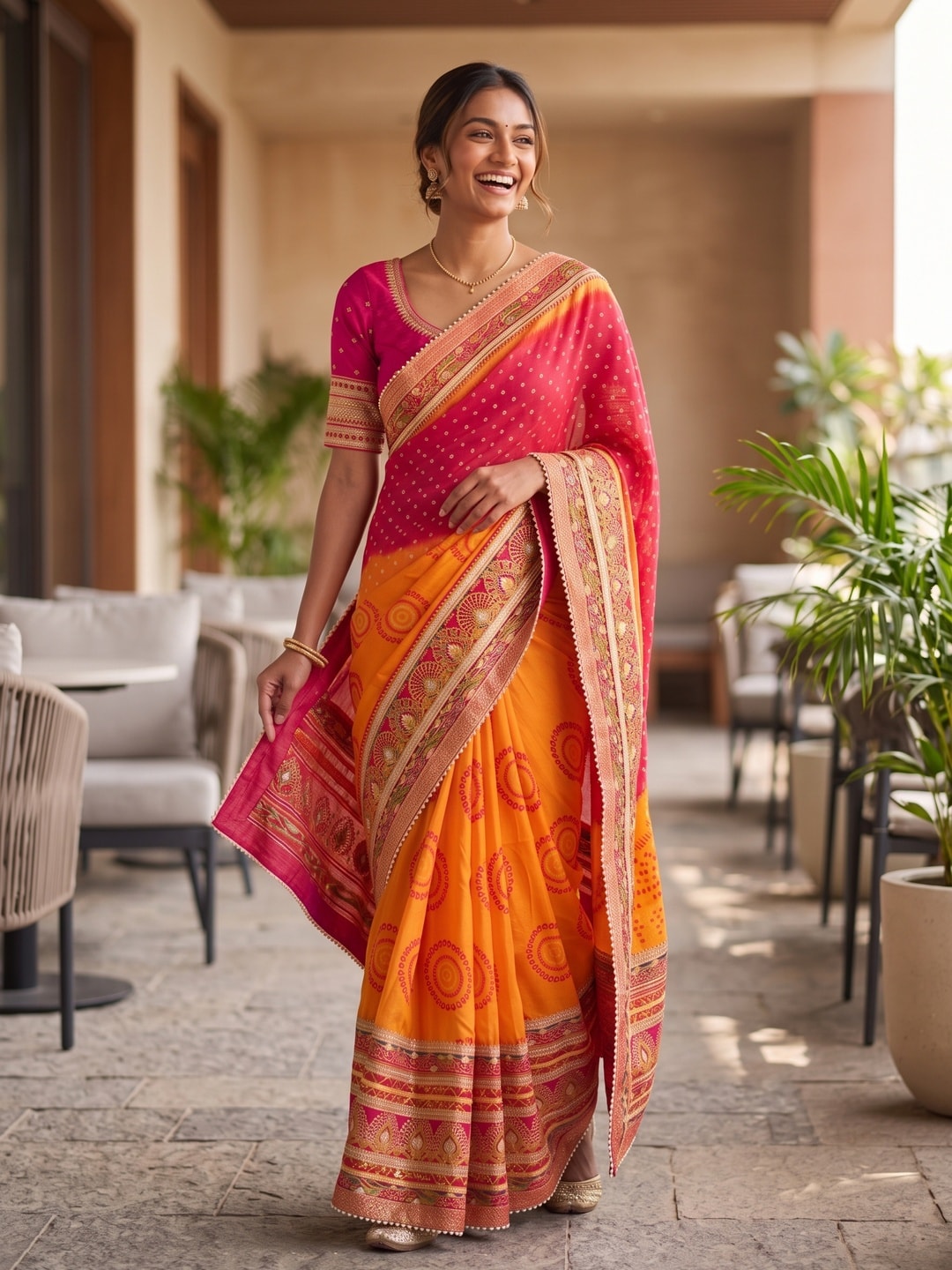 Peachmode Orange Bandhej Print Gota Patti Chiffon Saree - Image 5