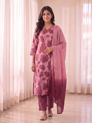 Peachmode Wine Floral Print Cotton Salwar Suit with Dupatta - Image 1