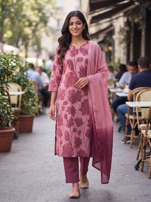 Peachmode Wine Floral Print Cotton Salwar Suit with Dupatta - Image 2