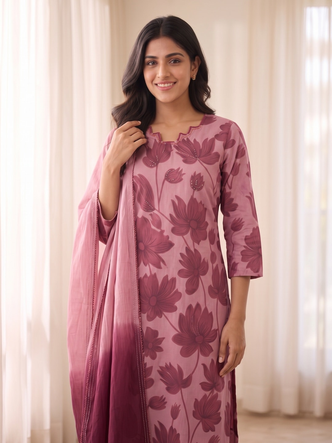 Peachmode Wine Floral Print Cotton Salwar Suit with Dupatta - Image 4
