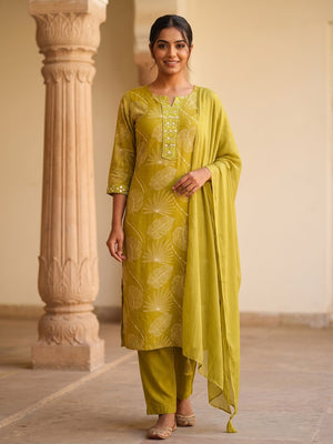 Peachmode Olive Rayon Printed Salwar Suit with Chiffon Dupatta - Image 1