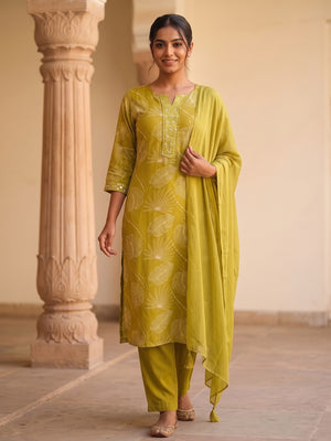 Peachmode Olive Rayon Printed Salwar Suit with Chiffon Dupatta - Image 2