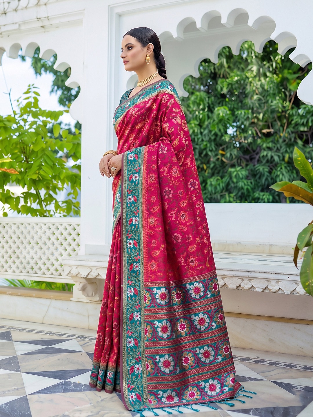 Peachmode Pink Woven Border Silk Saree With Heavy Pallu - Image 3
