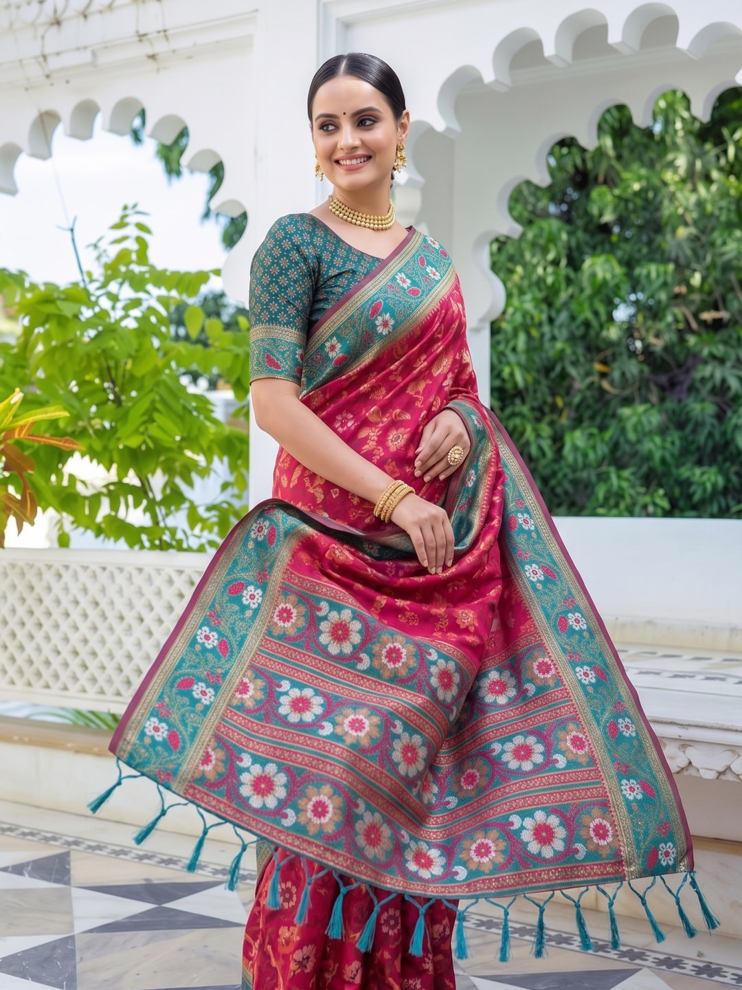 Peachmode Pink Woven Border Silk Saree With Heavy Pallu - Image 5
