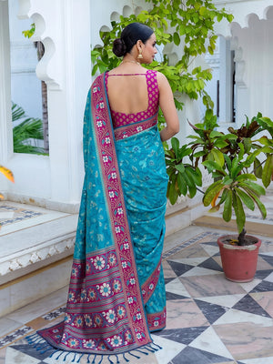 Peachmode Sky Blue Woven Border Silk Saree With Heavy Pallu - Image 2