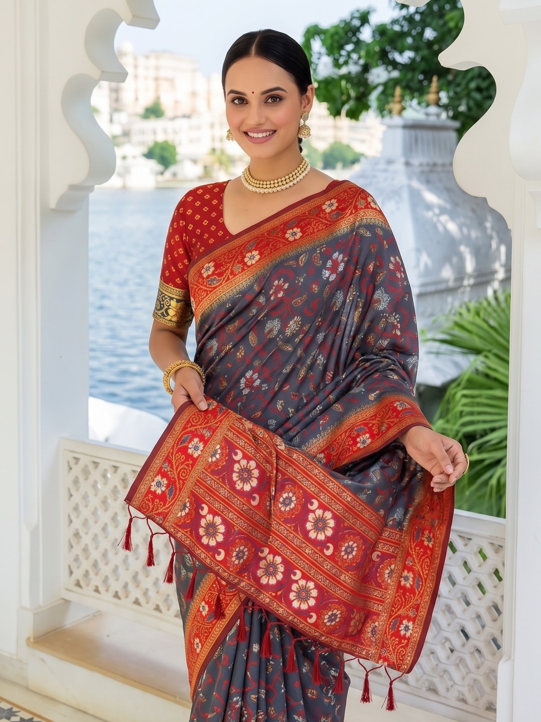 Peachmode Grey Woven Border Silk Saree With Heavy Pallu - Image 5