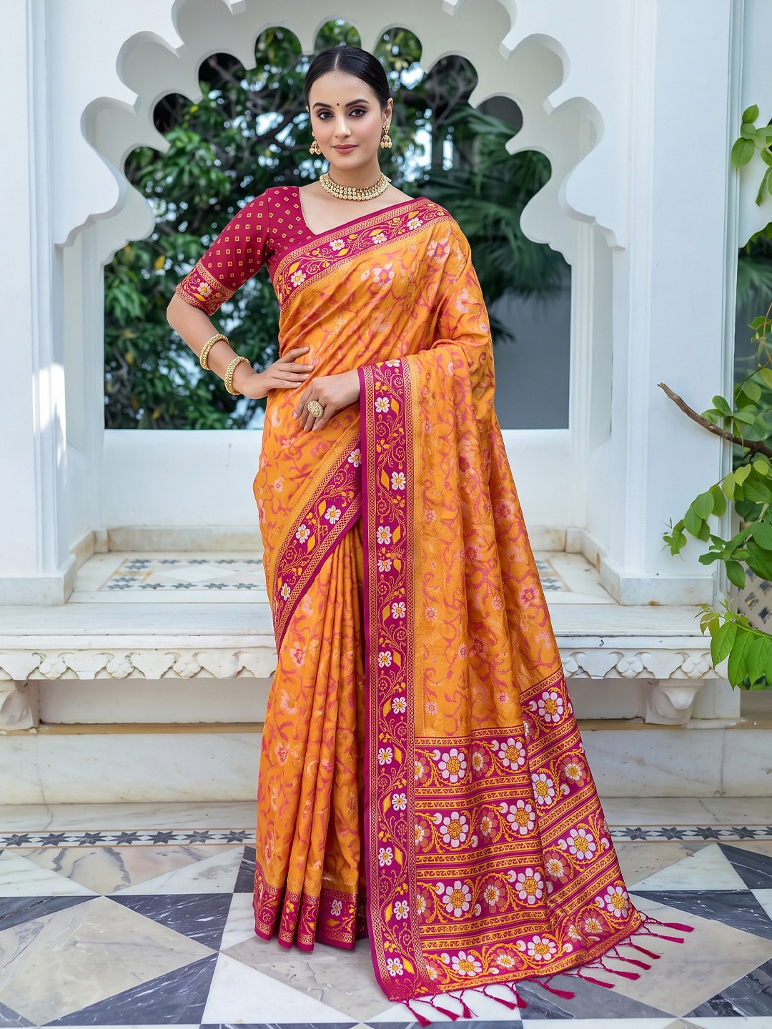 Peachmode Orange Woven Border Silk Saree With Heavy Pallu - Image 1