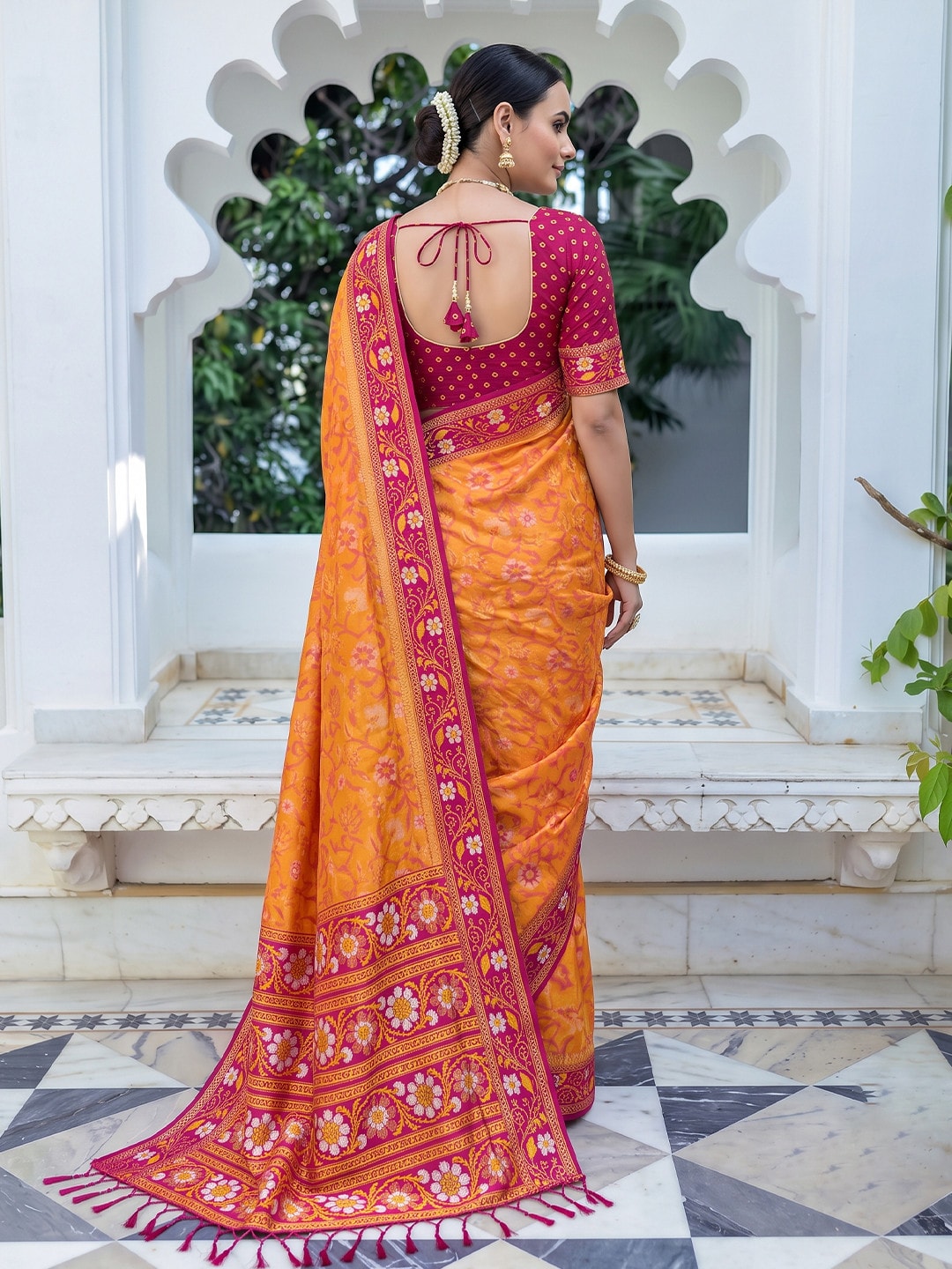 Peachmode Orange Woven Border Silk Saree With Heavy Pallu - Image 2